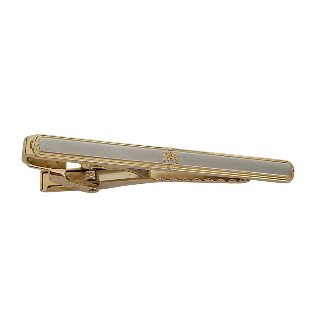Vintage Burberrys Gold Tone Prorsum Knight Logo Tie Clip White Inlay Accessory